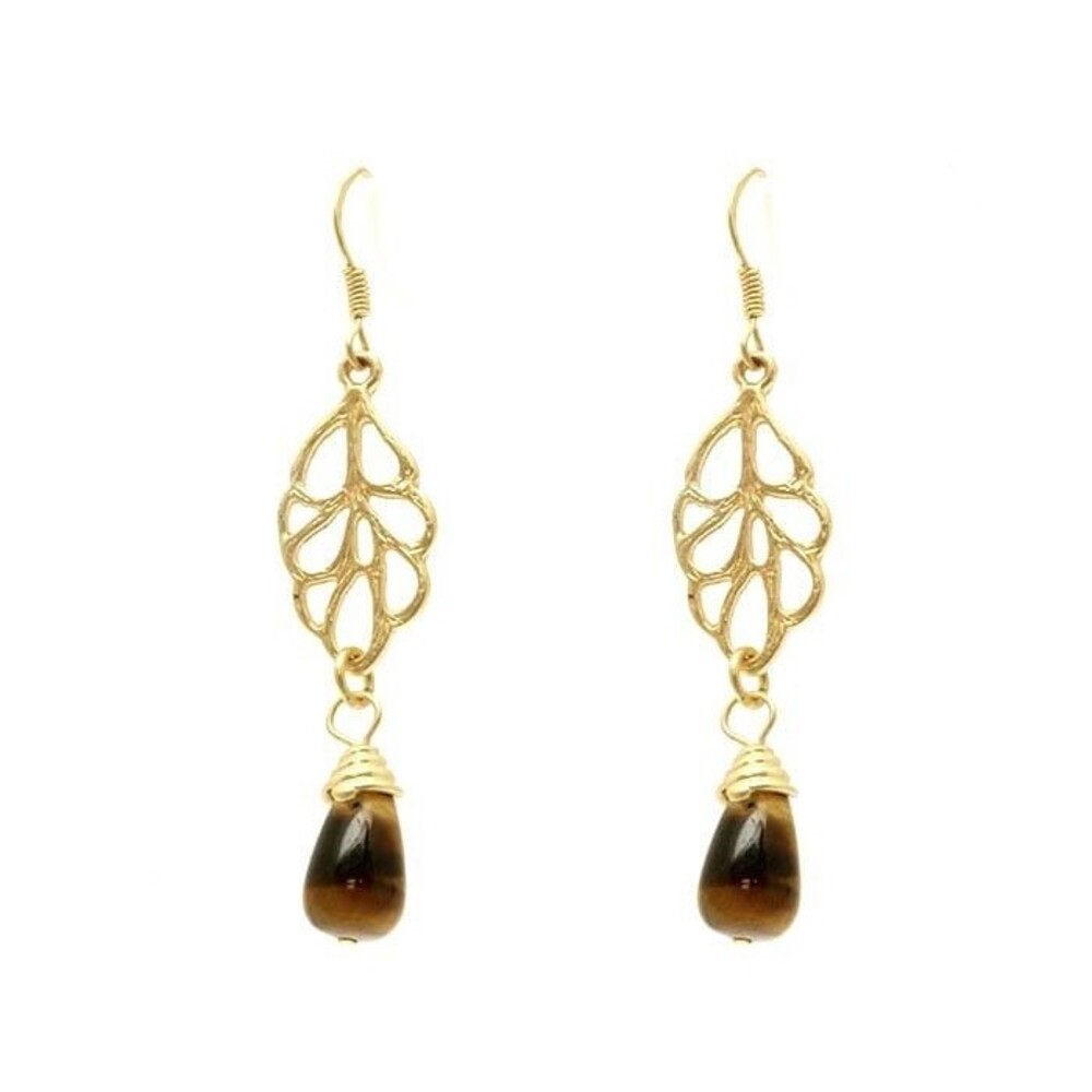 Brown Tiger Eye Stone Leaf Earrings Gold Plated Drop Semiprecious Fall Filigree